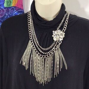 Vtg Chico’s silver fringe necklace with rhinestone brooch